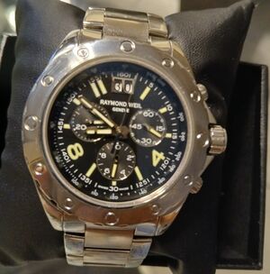 Raymond Weil Steel Chronograph Watch with Black Dial and  White Accents 44 mm